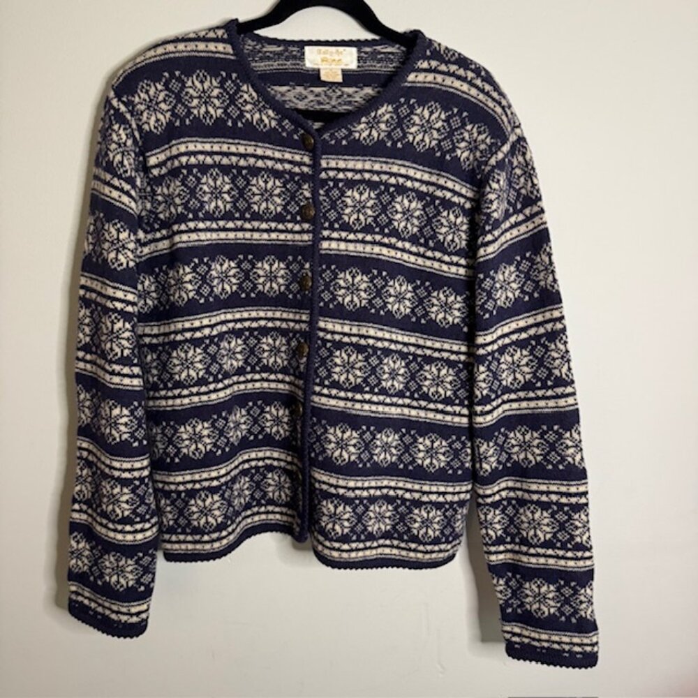 Vintage Tally Ho Women's Nordic Navy and White Wool Button Front Sweate Medium
